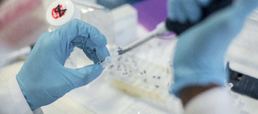 Gloved hands in a lab with pipette