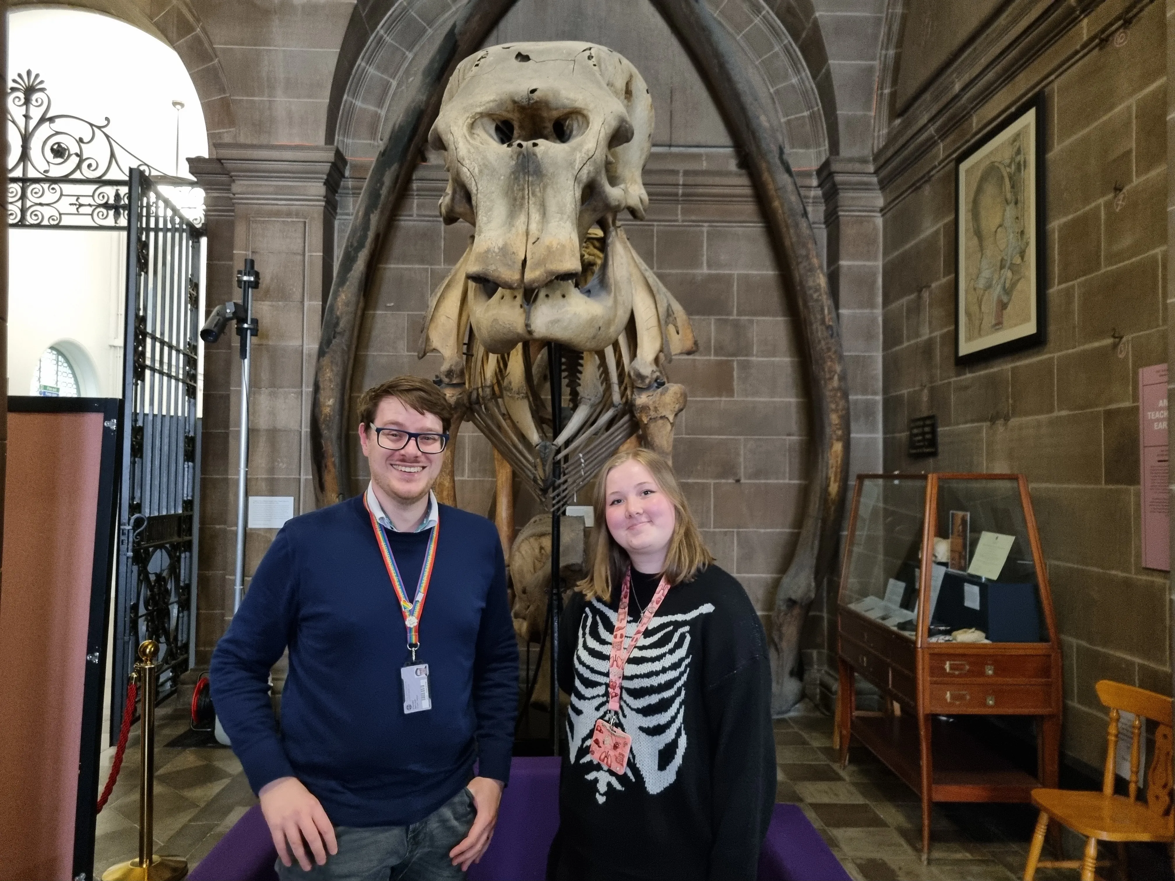 Dr Stephen Maclean and Ellie Horne by Elephant Skeleton