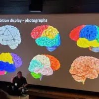 Dr Jennifer Paxton stands in front of a large screen with colourful painted brains on the screen