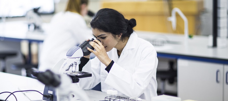 A seated woman at lab bench with microscope