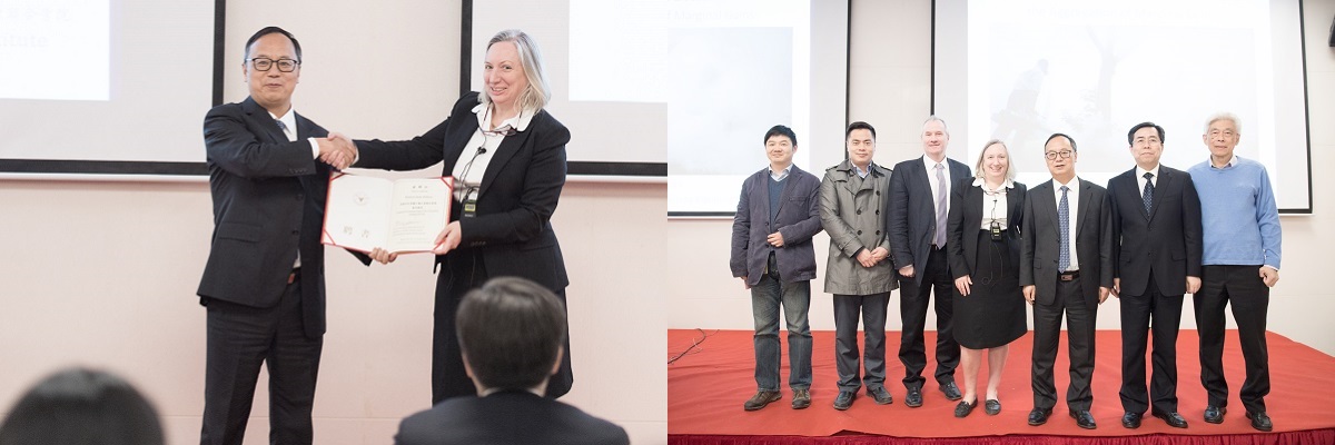 Prof Sue Welburn receiving the Dean title at her inaugural ceremony and a group photo of the senior management of the Institute