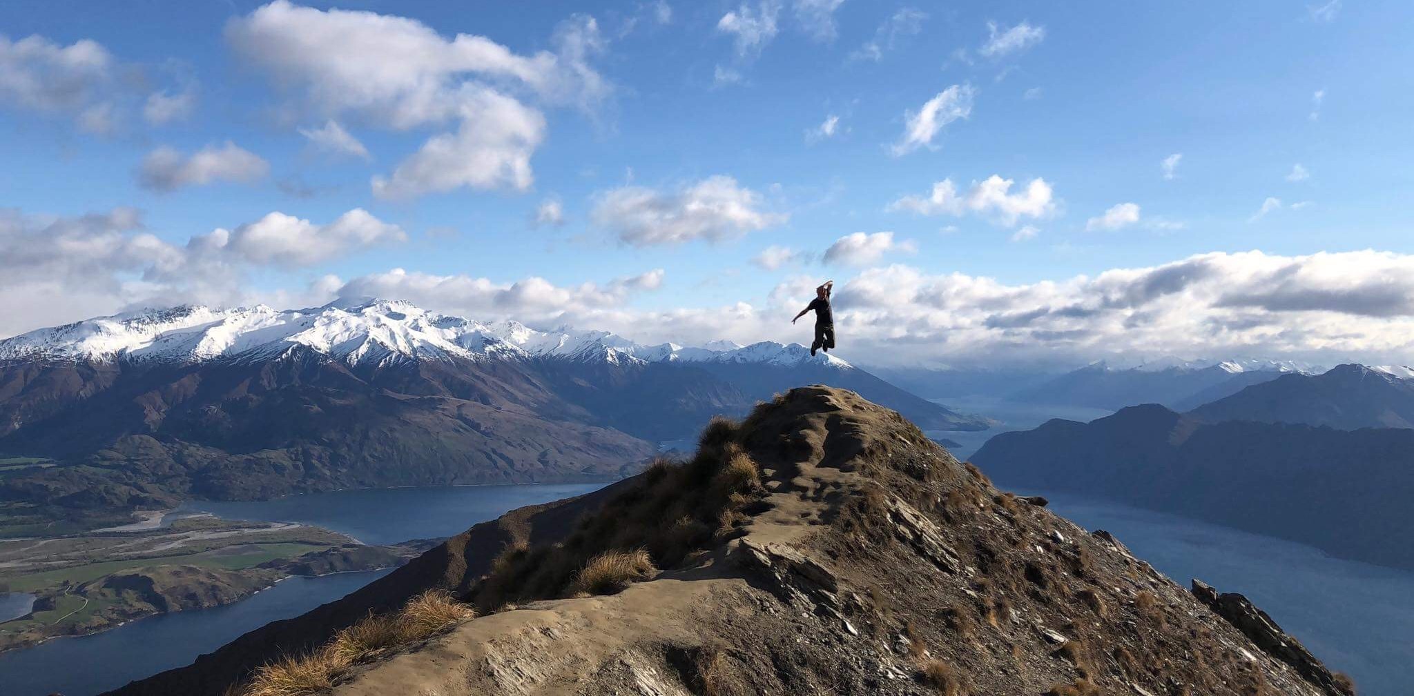 Neil Taylor makes a leap on Roy's Peak, New Zealand